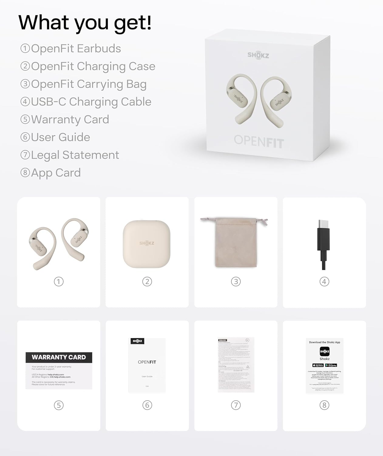 SHOKZ OpenFit Open-Ear True Wireless Bluetooth Headphones with Microphone, Earbuds with Earhooks, Sweat Resistant, Fast Charging, 28HRS Playtime (Beige)