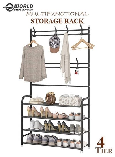 4 Tier Home Entryway Furniture Shelf Multipurpose Shoe and Coat Stand Clothes Rack Storage Organiser Multiple Hooks for Hanging Bags - EMALL