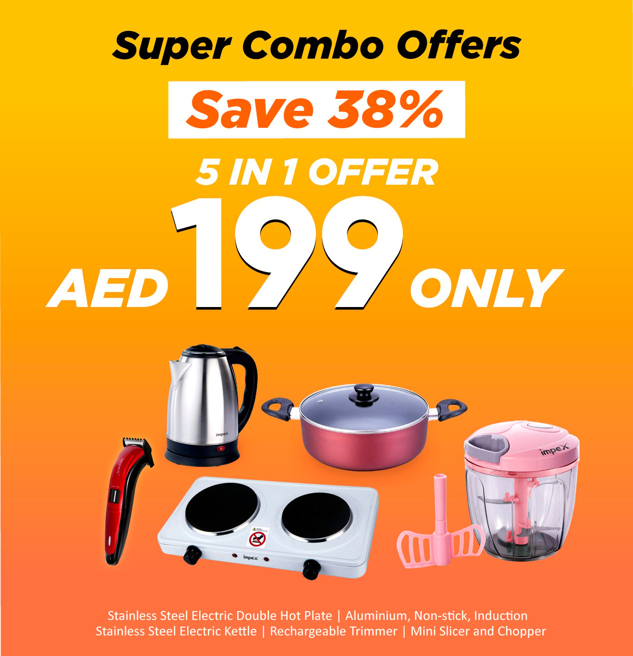5 in 1 Best Combo Offer - Stainless Steel Electric Double Hot Plate + Aluminium, Non-stick, Induction + Stainless Steel Electric Kettle + Rechargeable Trimmer + Mini Slicer and Chopper