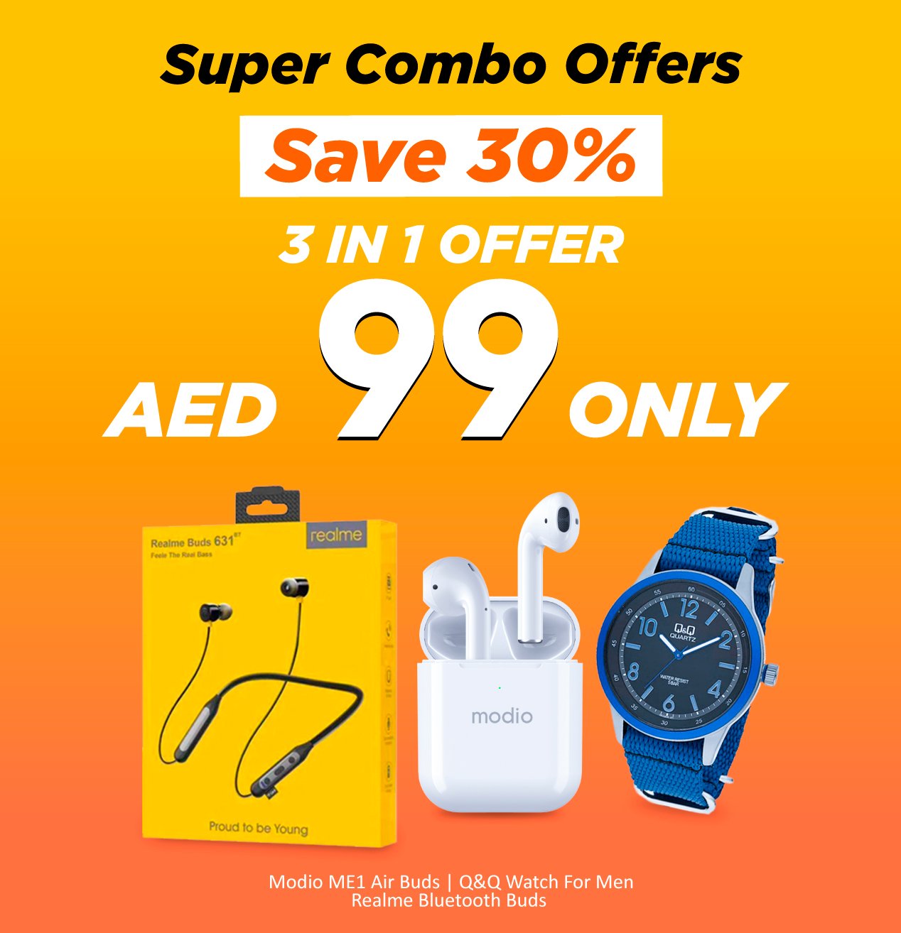 3 in 1 Best Combo Offer - Modio ME1 Air Buds + Q&Q Watch For Men + Realme Bluetooth Buds