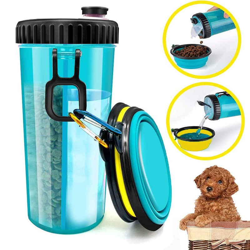 Portable Dog Water Bottle, Dog Feed Compartment, 2 Collapsible Silicone Feed Bowls, good for Outdoor Activities, 500ML