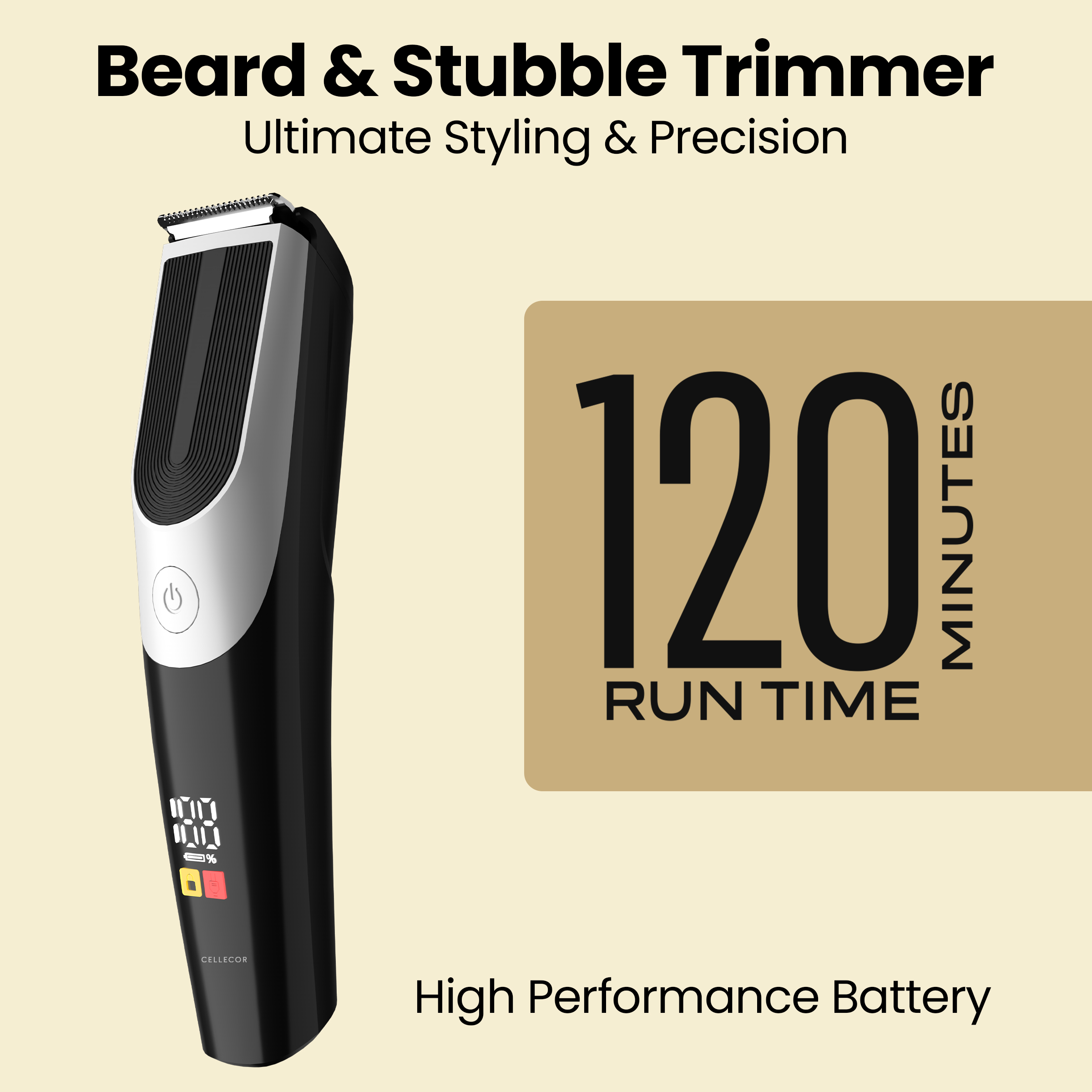 CELLECOR Hair Trimmer- ACUTE 800mAh li-ion | type c charging| 120min runtime| 7 length settings| self sharpening blades| washable head| digital battery display