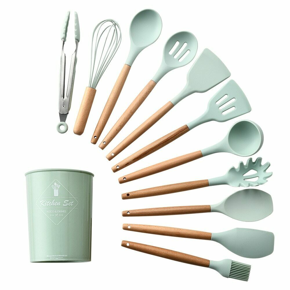 12 Pieces/Set Silicone Kitchen Accessories Cooking Tools, Silicone Kitchenware Spatulas With Wooden Handles