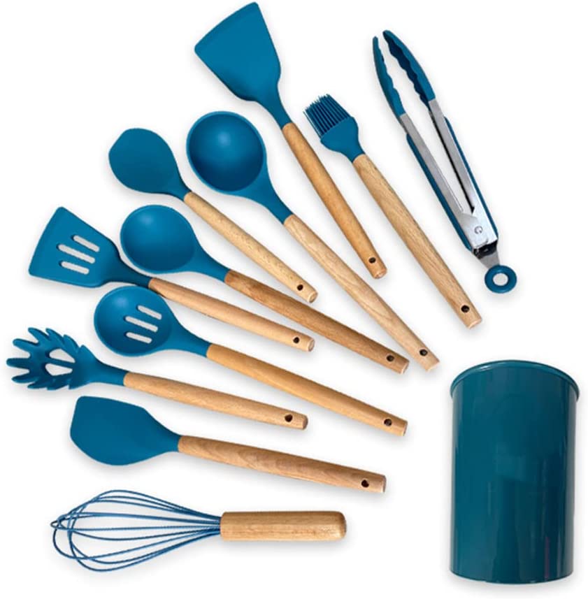 12 Pieces/Set Silicone Kitchen Accessories Cooking Tools, Silicone Kitchenware Spatulas With Wooden Handles