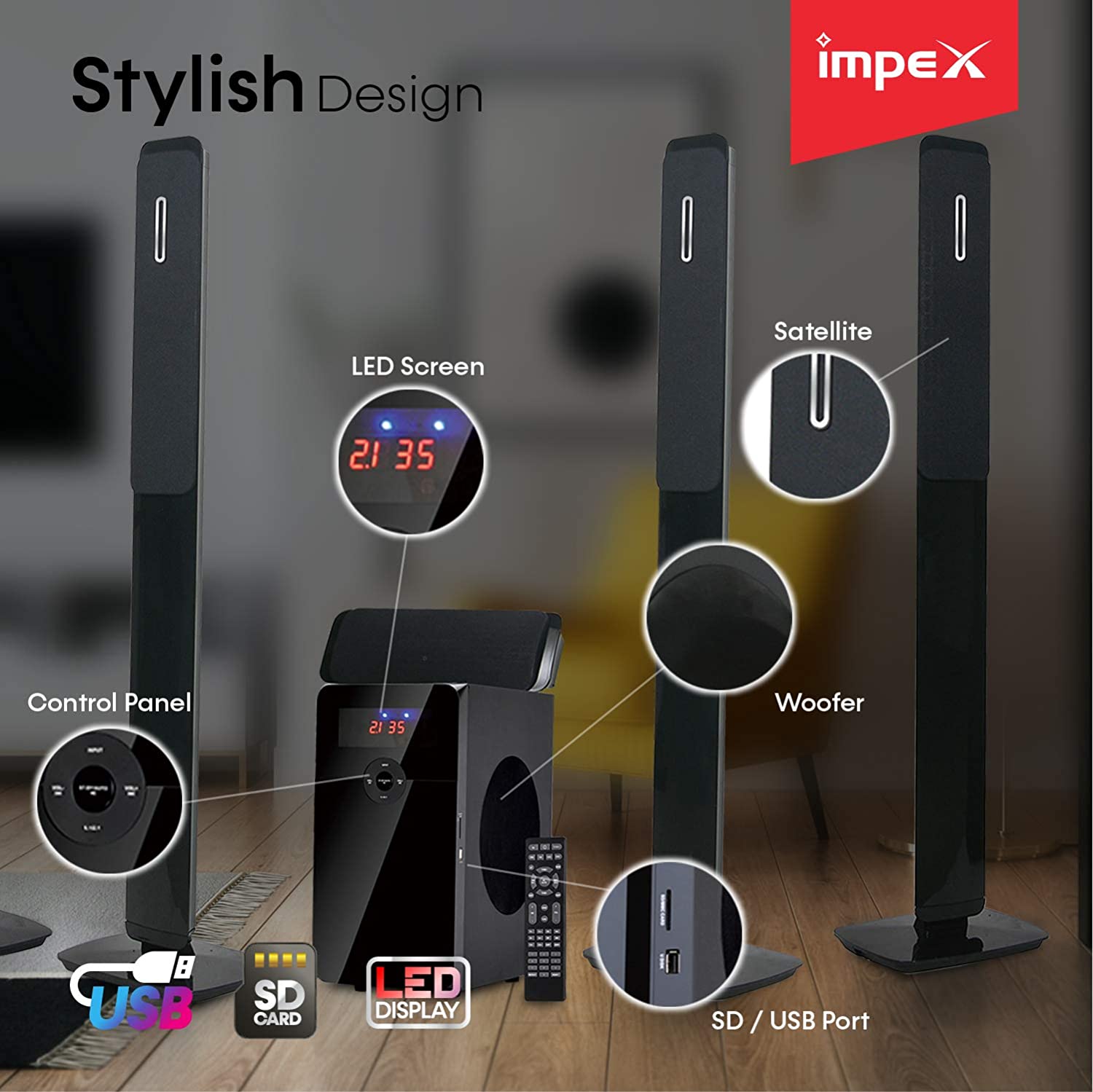 Impex HT 5105 40W Subwoofer Wooden ABS Covered Black 5.1 Channel Multimedia Home theatre Speaker System with Remote Control BT/FM Radio/USB/MP3/SD/AUX
