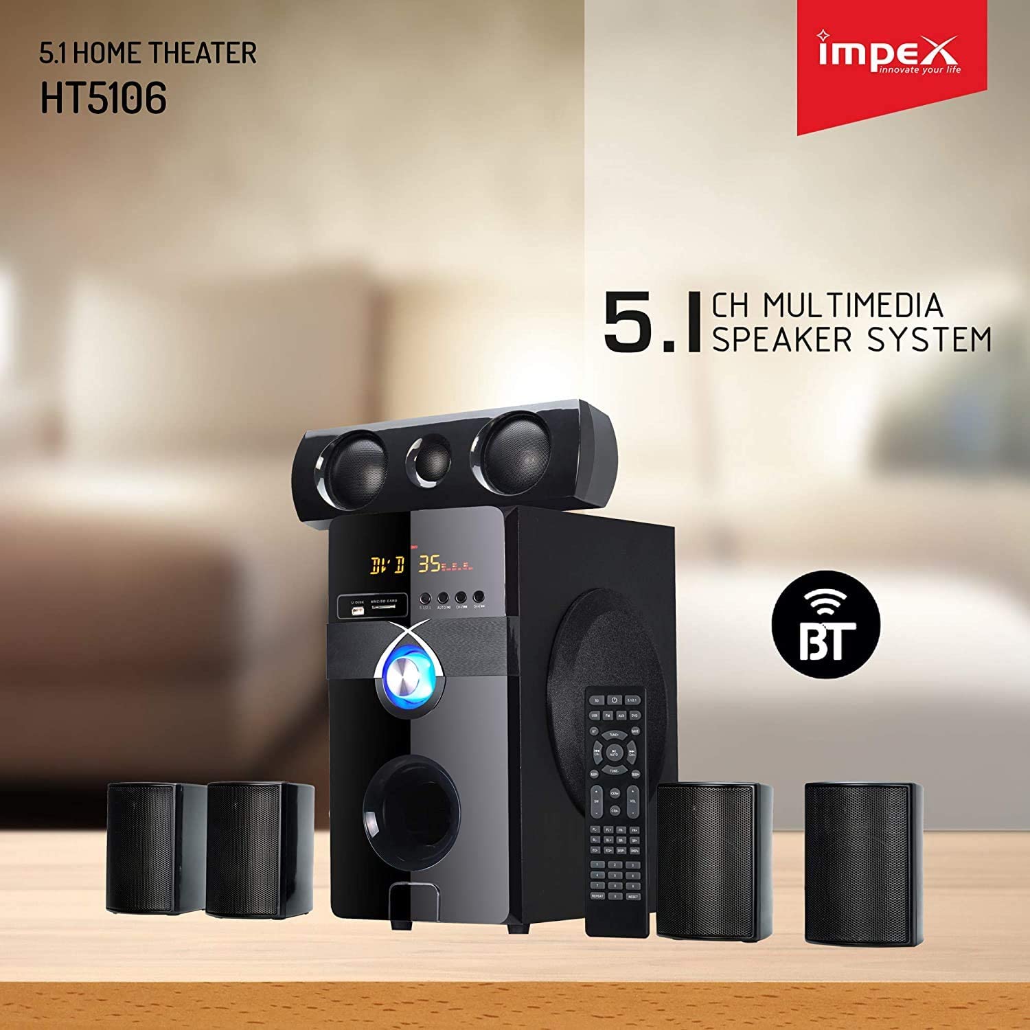 Impex HT 5106 5.1 BANG 170 W Multimedia Bluetooth Home theatre Speaker System with Remote FM/SD/USB/MM (Black)