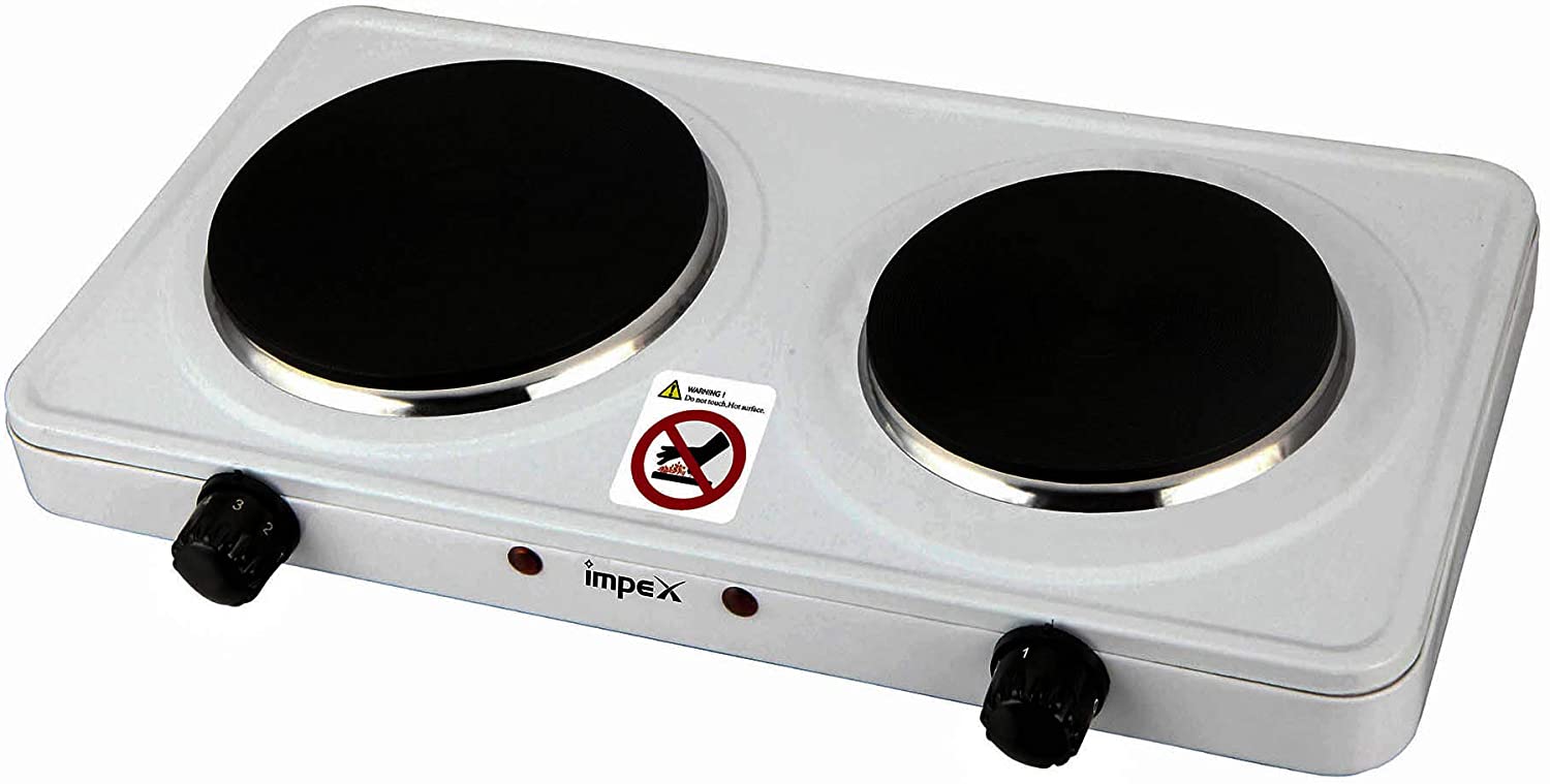 Impex HP 202 2500W Stainless Steel Electric Double Hot Plate with Auto Thermostat Overheat Protection heat adjustment Control Knob