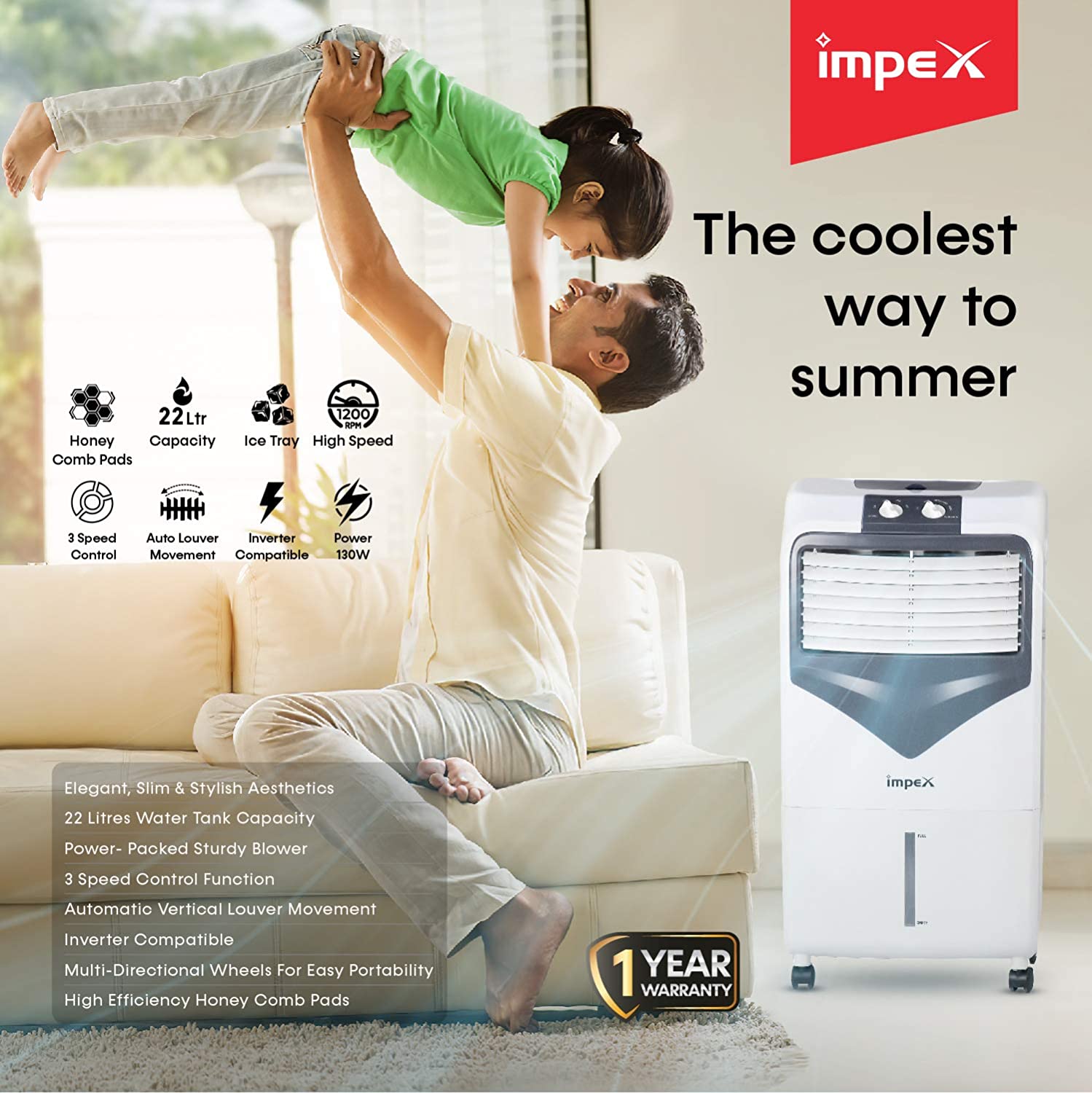 Impex FREEZO 22 130W 22 Litre Room Personal Air Cooler with 3 Speed Control Automatic Vertical Louver Movement, White