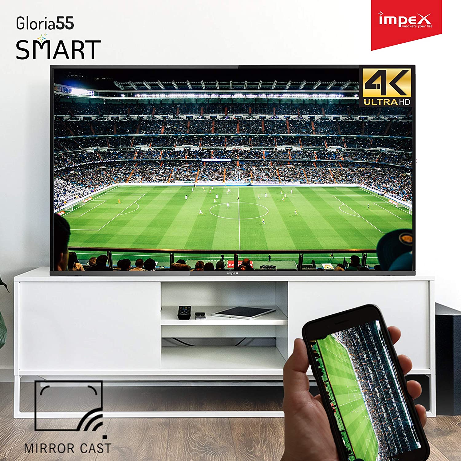 Impex GLORIA 55 UHD SMART 4K 55 Inch LED TV UHD 4K Smart TV With DVB Tuner  with Android 9.0 8GB QUAD CORE Processor 16:9 Aspect Ratio E-Share Mirror Cast Antena, VGA, USB, HDMI, Wifi Input