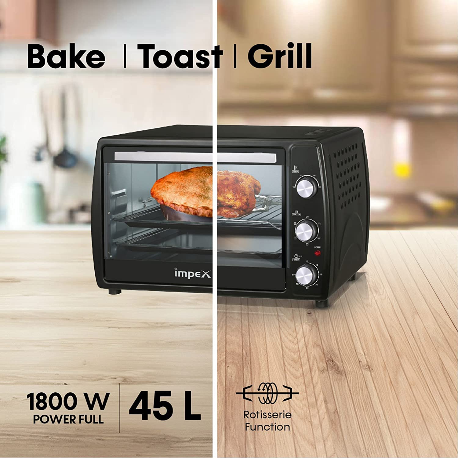 Impex OV 2902 1800W 45 Litre Oven Toaster Grill (OTG) with Convection and Rotisserie Function 100-250 Temperature setting, Black