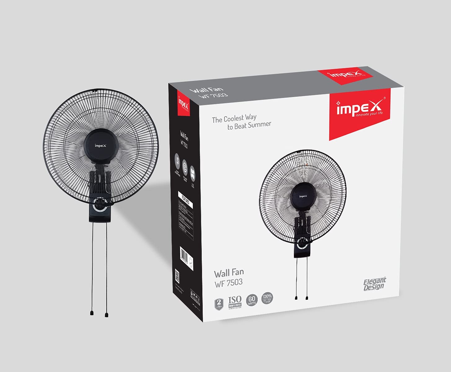 Impex WF 7503 60W 100% Copper Motor High Speed Wall fan with 5 leaf blades motor overheat protection wide oscillation 3 Speed Control, 2 years warranty