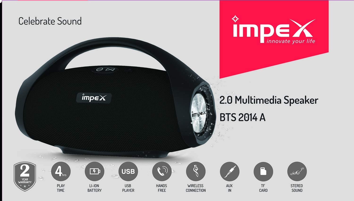 Impex BTS 2014A Channel 2.0 Multimedia Speaker with IPX6 Water Resistant USB/SD/TF/FM Radio/AUX/Remote/Bluetooth