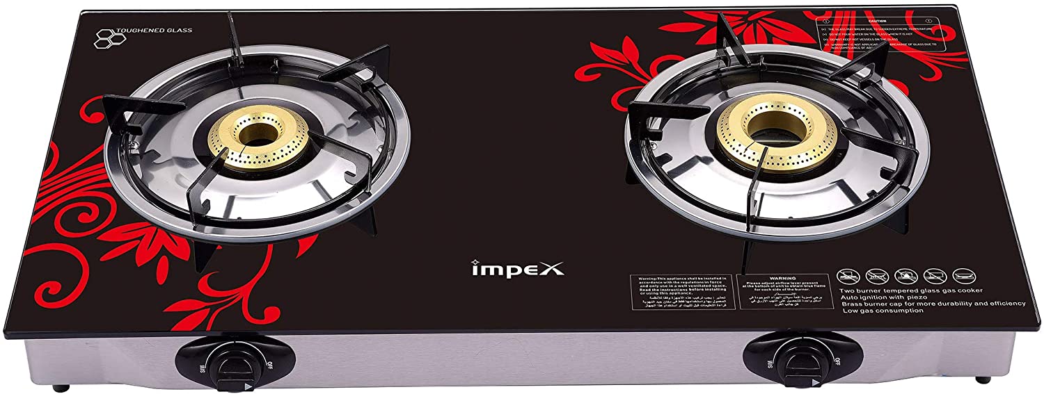 Impex IGS 1212F 2 Stainless Steel Burner LP Gas Stove 6mm Thick Toughened Glass Auto Ignition Switch