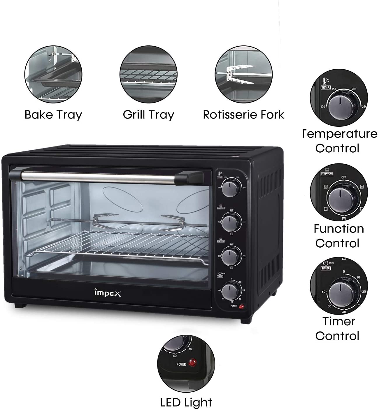 Impex OV 2904 2200W 100 Ltr Rotisserie Function Electric Oven with 12 Stage heating Temperature Adjustment Timer Inner Lights