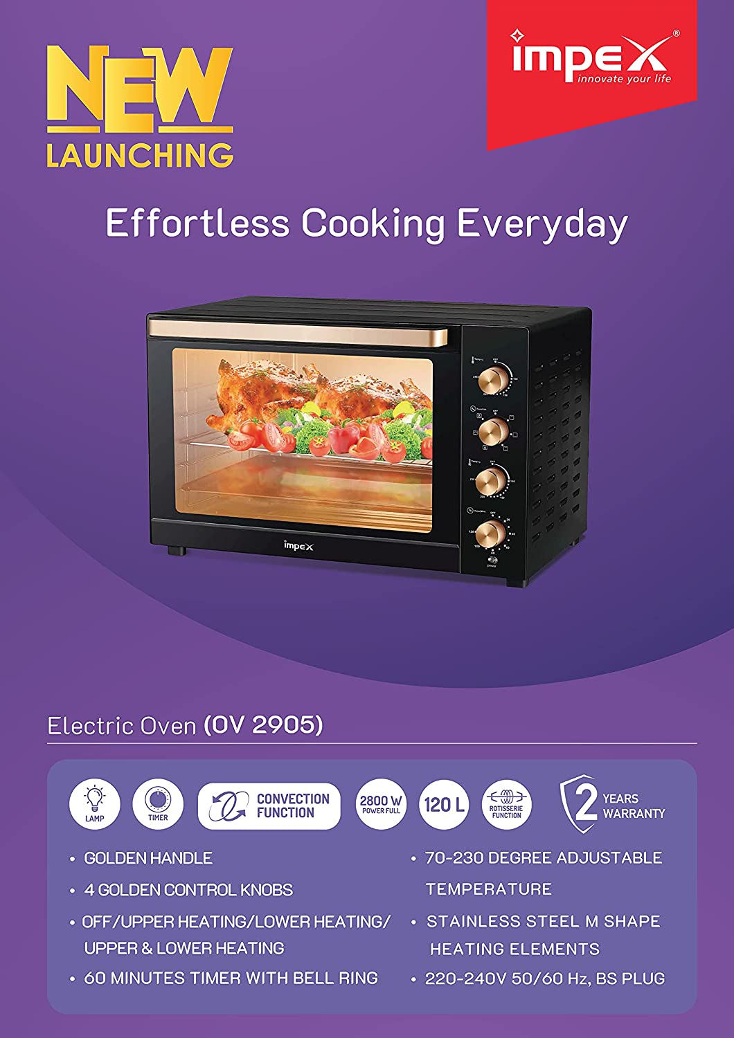 Impex OV 2905 2800W 120L Electric Oven with Temperature Adjustment Rotisserie Function Timer Control Knobs, Black