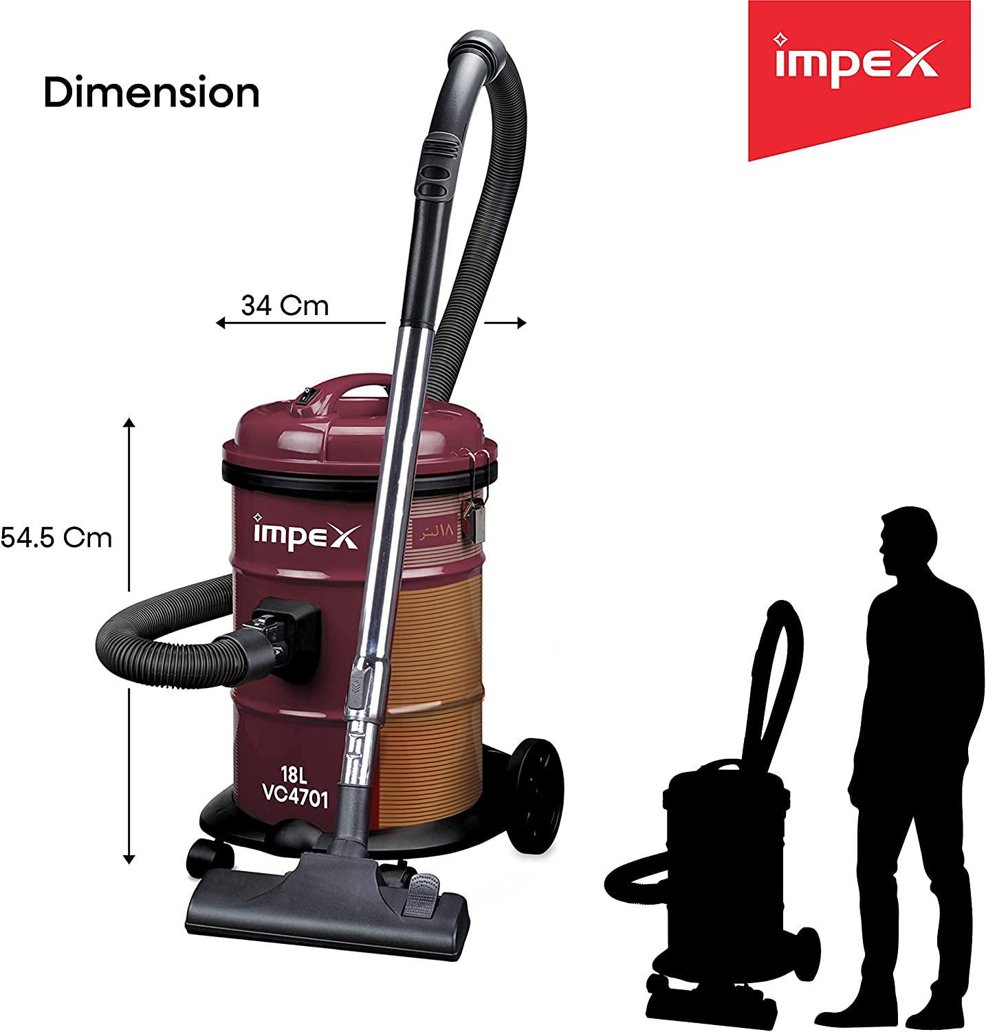 Impex VC 4701 1600W Vaccum Cleaner Blower function Telescopic metal tube Low noise level Convenient carrying handle