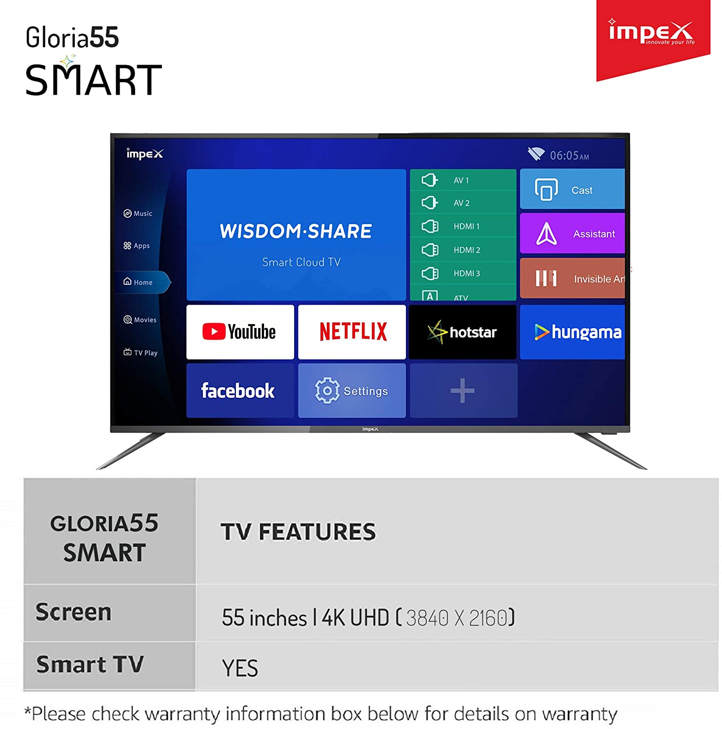 Impex GLORIA 55 UHD SMART 4K 55 Inch LED TV UHD 4K Smart TV With DVB Tuner  with Android 9.0 8GB QUAD CORE Processor 16:9 Aspect Ratio E-Share Mirror Cast Antena, VGA, USB, HDMI, Wifi Input