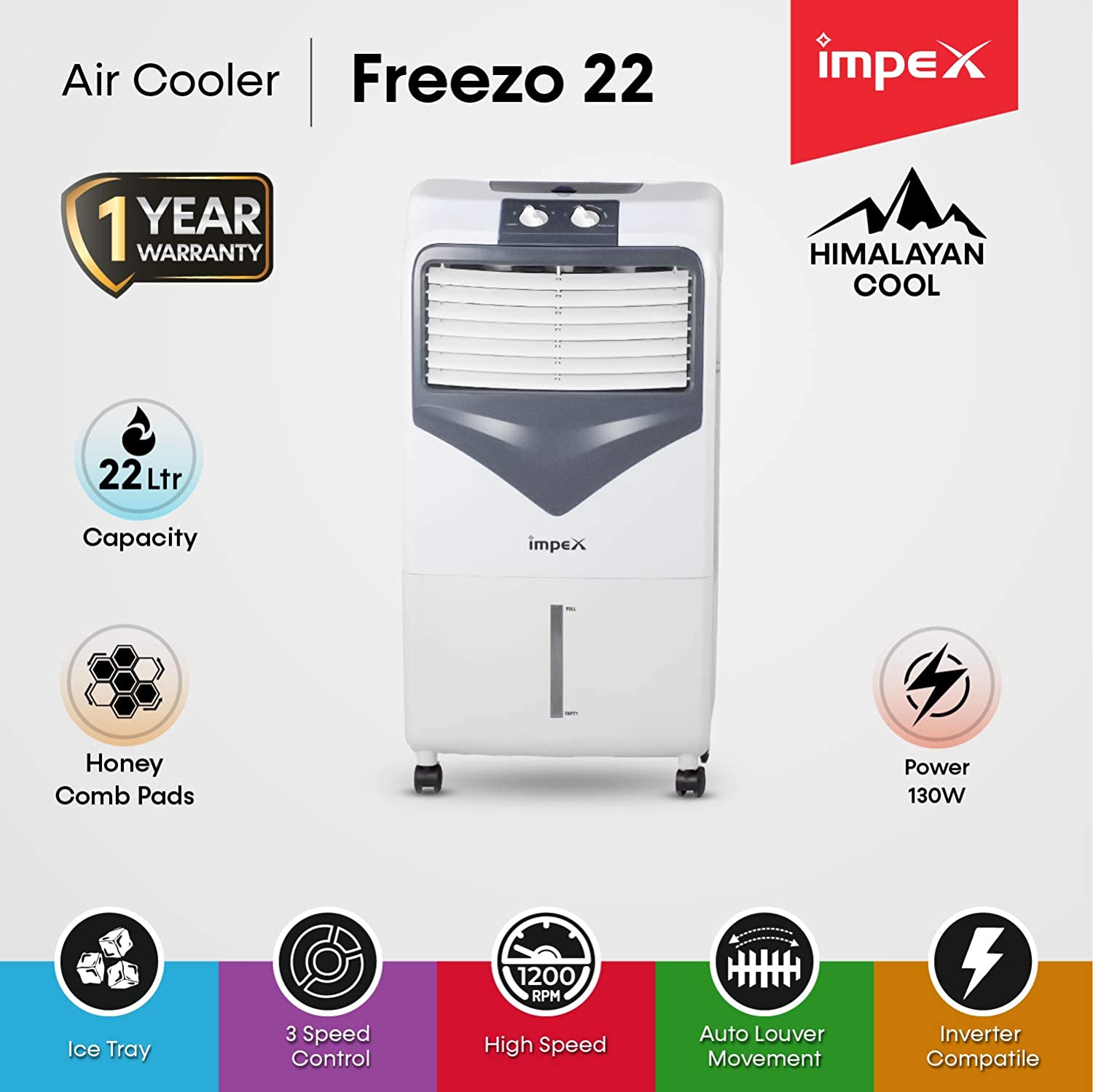Impex FREEZO 22 130W 22 Litre Room Personal Air Cooler with 3 Speed Control Automatic Vertical Louver Movement, White