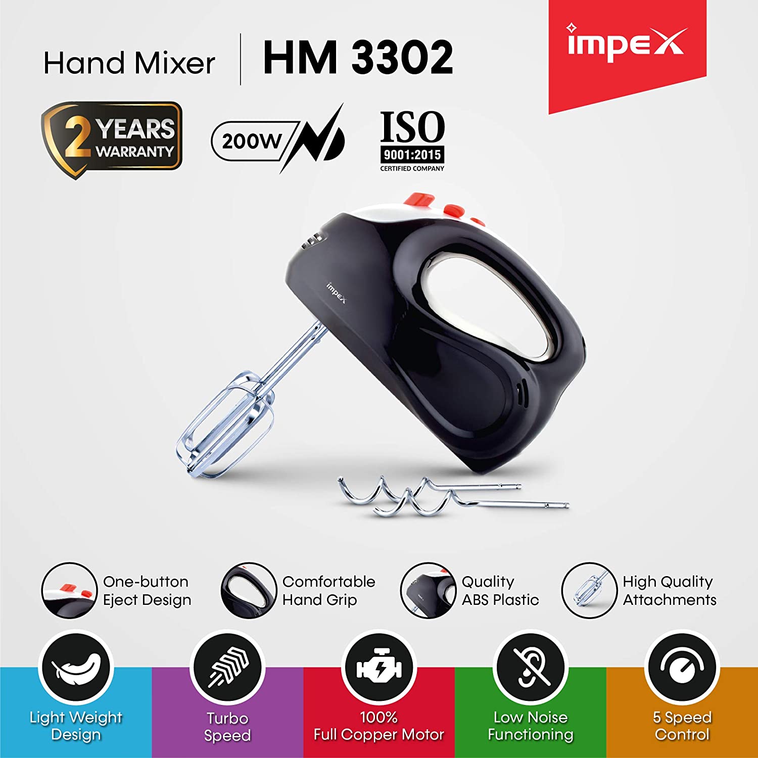 Impex HM 3302 150W Full Copper Motored Low Noise Handheld Hand Mixer with 2 beaters 2 Hooks and 5 Speed Control Turbo Function