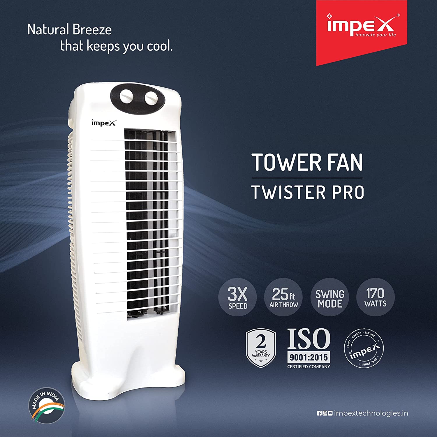 Impex TWISTER PRO 170W 1200 RPM Tower Fan with 2 Speed Control Swing Mode 2 years Warranty, White