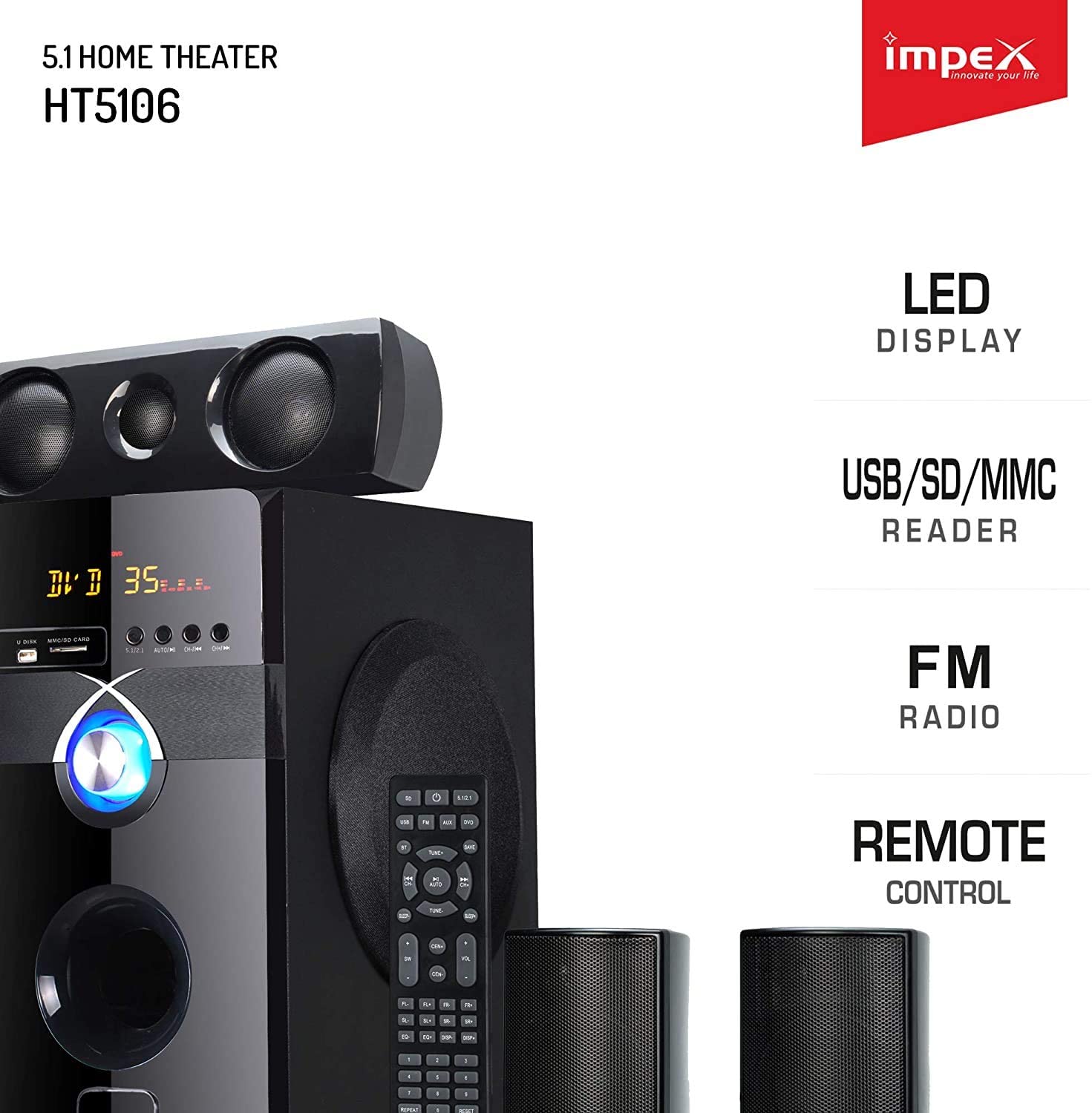 Impex HT 5106 5.1 BANG 170 W Multimedia Bluetooth Home theatre Speaker System with Remote FM/SD/USB/MM (Black)