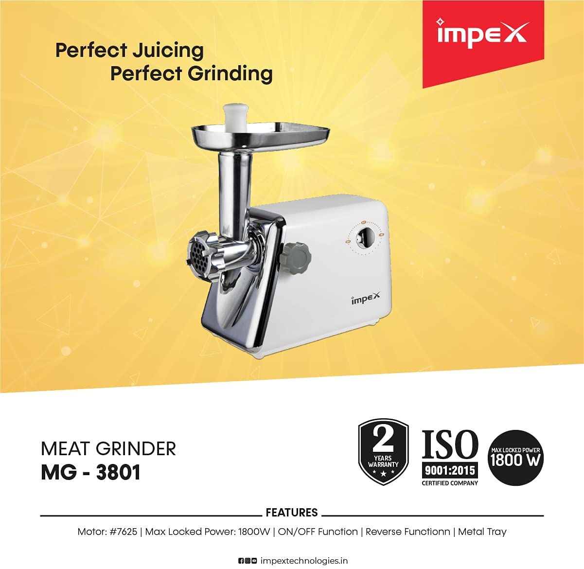 Impex MG 3801 1800W Meat Grinder with Sausage Stuffer, Keema Maker, Stainless Steel Blade, 2 Cutting plates 2 Years Warranty, White