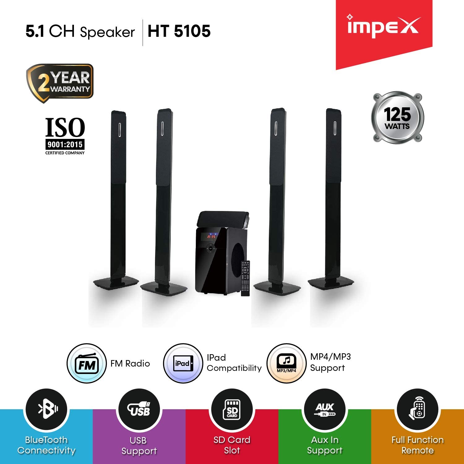 Impex HT 5105 40W Subwoofer Wooden ABS Covered Black 5.1 Channel Multimedia Home theatre Speaker System with Remote Control BT/FM Radio/USB/MP3/SD/AUX