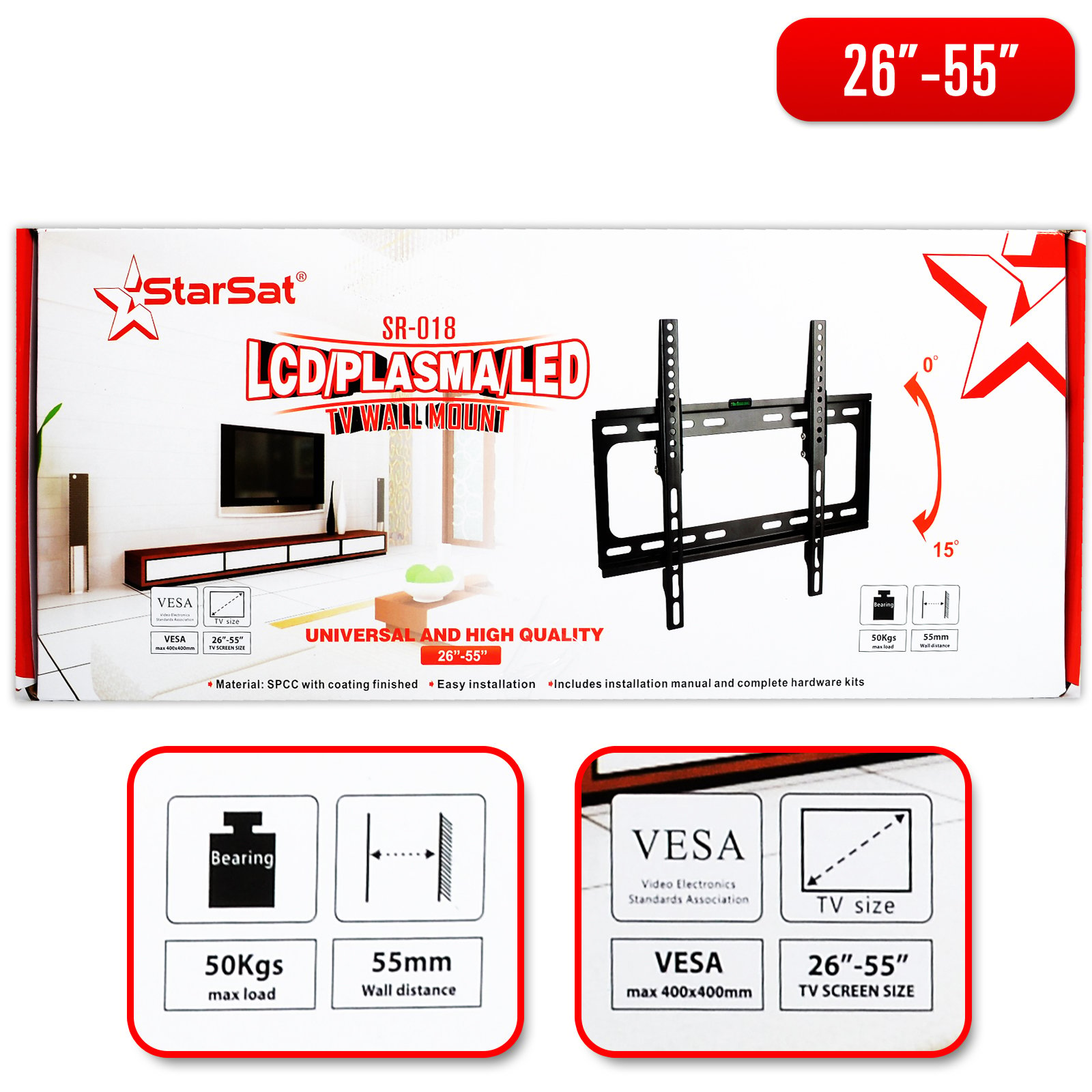 StarSat 018 TV, LCD, LED, Plasma Wall Mount 26"-55" up to 50Kg