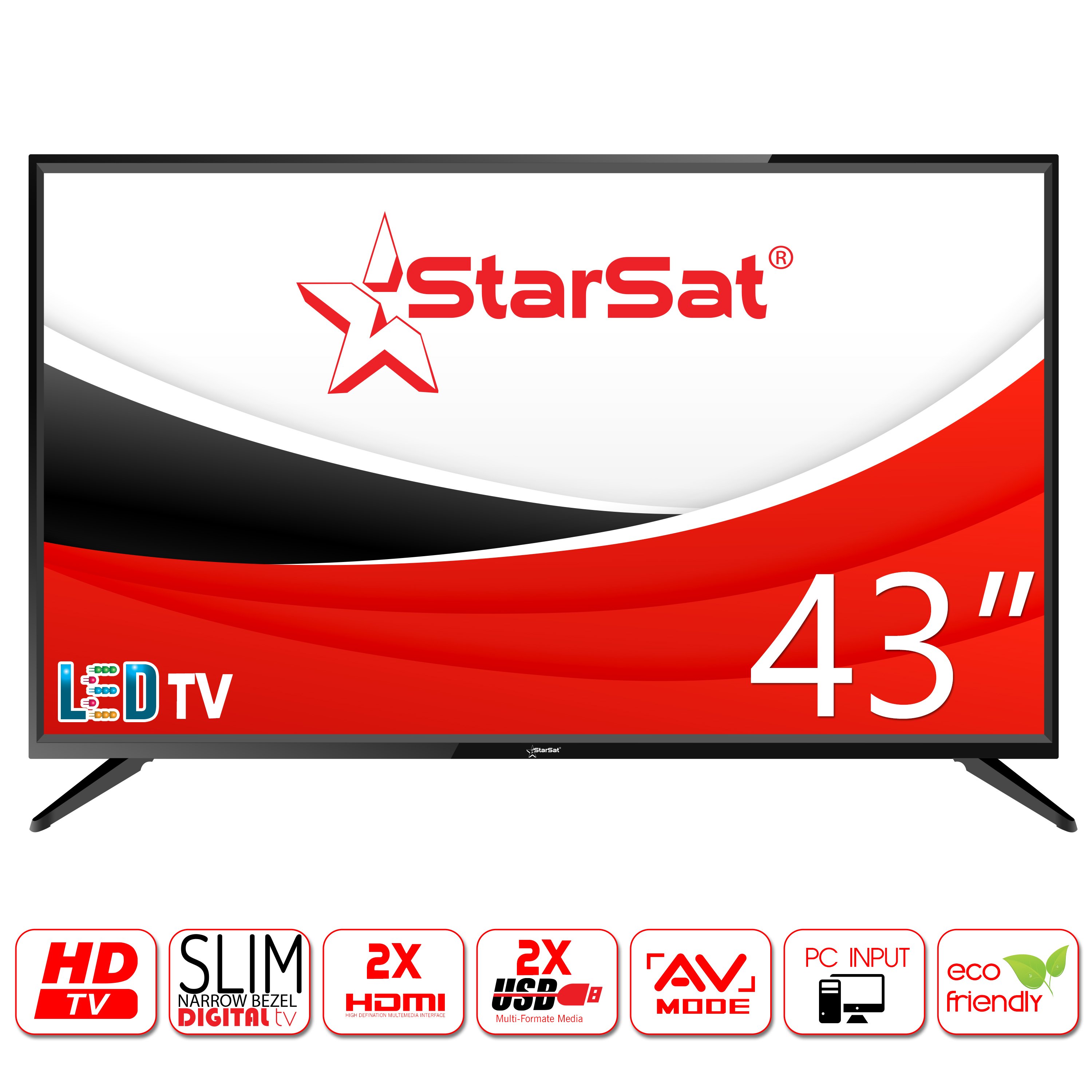 StarSat 43" HD LED TV, Slim bezel design, 2xHDMI and 2xUSB Ports, AV and PC mode