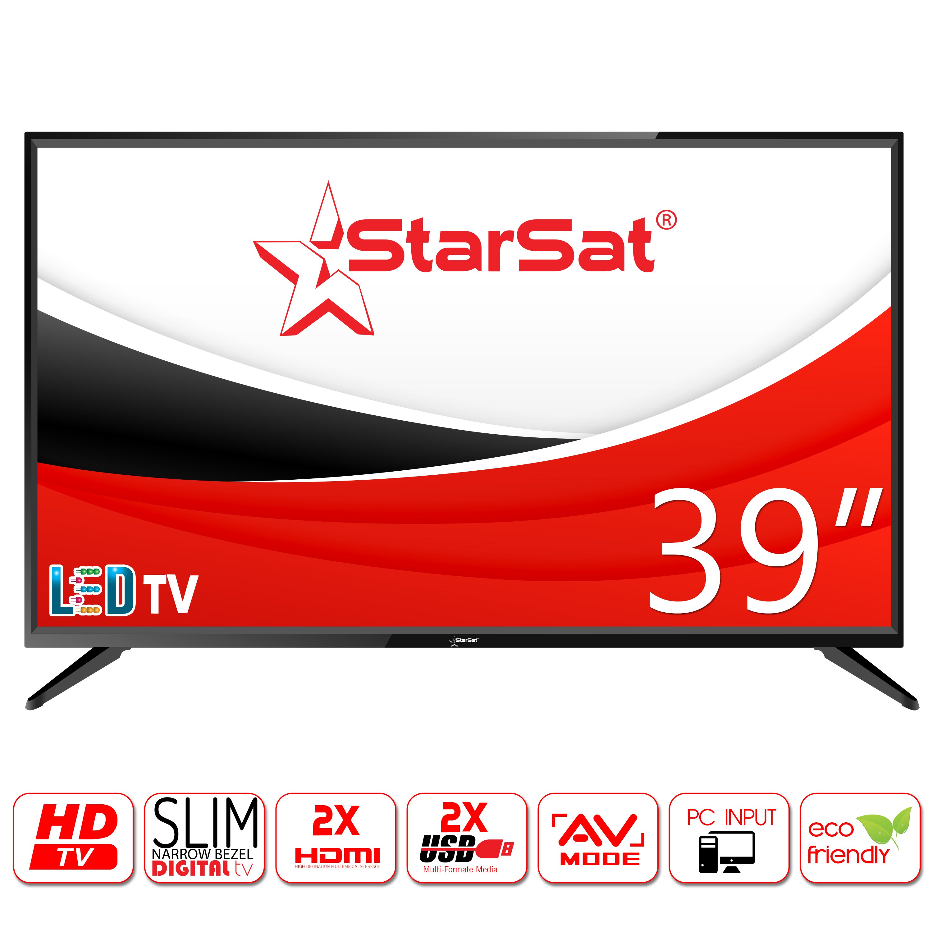StarSat 39" HD Smart LED TV, Slim bezel design, 2xHDMI and 2xUSB Ports, Android 5, WiFi, Smart Cast, PlayStore, AV and PC mode