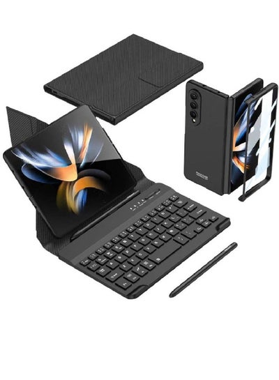 Samsung Galaxy Z Fold 4 Bluetooth Keyboard Case Leather Cover with (Keyboard Case + Fold 4 Case + S Pen) Kickstand Wireless Bluetooth Connects Detachable Keyboard for Galaxy Fold 4 - Black