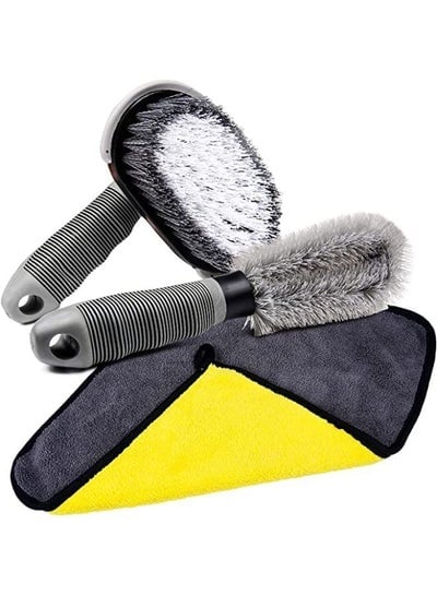3 Pieces Car Wheel and Tire Brush Set, Wheel Cleaning Brush, Rim Wash Brush, Car Drying Towel, Wheel Brush Kit for Your Car, Motorcycle or Bicycle Tire and Rim Brush Washing Tool