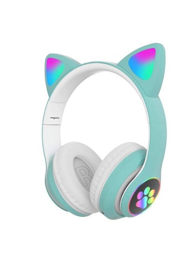 Kids Adult Cat Ear LED Light Up Foldable Stretchable Headphones for Smartphones/Laptop/PC/TV (Green)