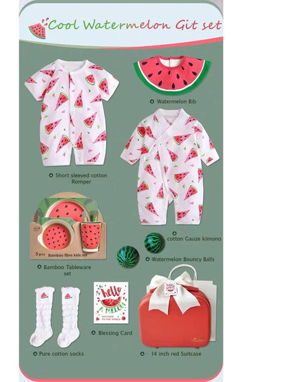 Baby Giftset for Newborn with Rompers and Bouncing Balls in Cute Suitcase in Watermelon Theme for Girls and Boys