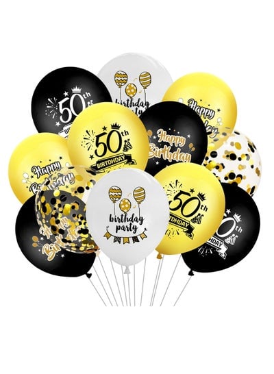 Brain Giggles 50th Birthday Latex and Confetti Balloons - Black and Gold - 12pcs