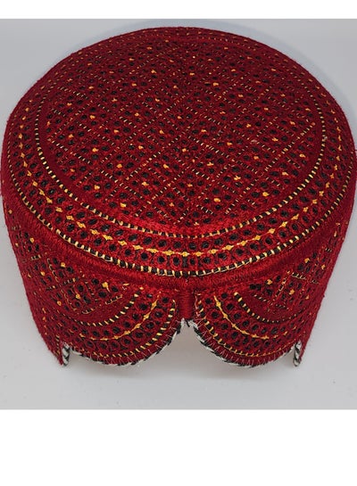 Traditional Sindhi Cap Topi Culture Handmade Woven Adjustable Embroidery Made in Pakistan (Marron Red with Gold)