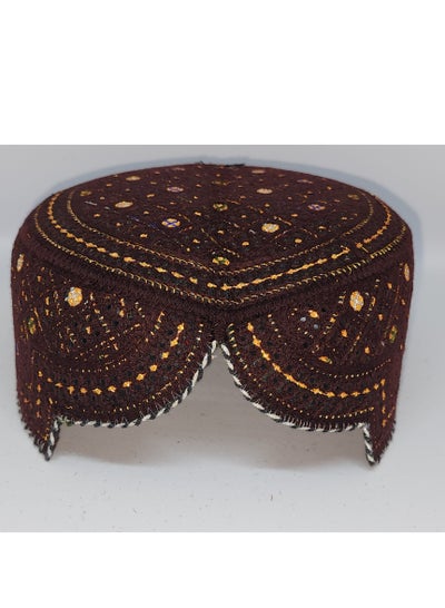 Traditional Sindhi Cap Topi is known as The Sindhi Kufi Handmade Woven Embroidery Use By Sindhis in Pakistan Essential Part Of Saraiki And Balochi Culture in Broun with Silver and Gold