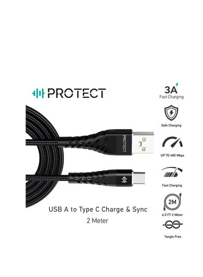 USB A to Type C Cable with 2m Length Tangle Free Fast Data Sync And Transfer 480mbps Cable
