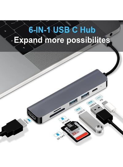 6 in 1 Type C to HDMI Multiport Adapter with HDMI 4K Output, 2 USB Ports, SD/TF Card Reader, USB-C Power Delivery