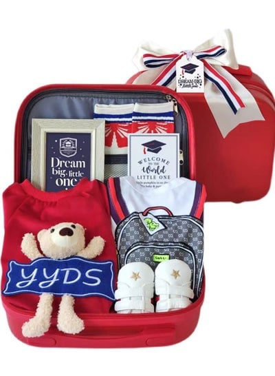 Baby Giftset for New born with Rompers and shoes in cute suitcase in college theme for Girls and Boys