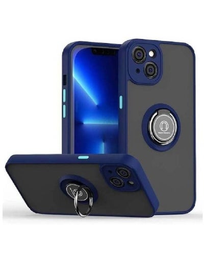 Metal Ring Holder Grip Kickstand Car Magnetic Mount Shockproof Matte Hard Back Bumper Case for iPhone 14 Plus Blue