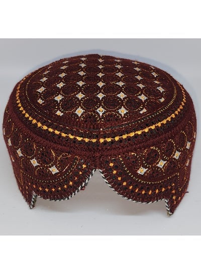 Traditional Sindhi Cap Topi is known as The Sindhi Kufi Handmade Woven Embroidery Use By Sindhis in Pakistan Essential Part Of Saraiki And Balochi Culture In Broun with Gold