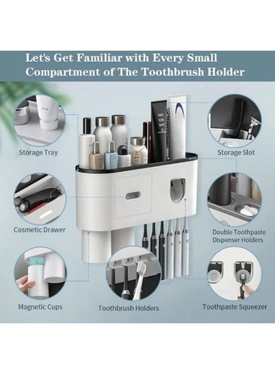2 Cups Toothbrush Holder Wall Mounted with Toothpaste Dispenser Bathroom Set Toothbrush Holder Wall Mount Storage Rack