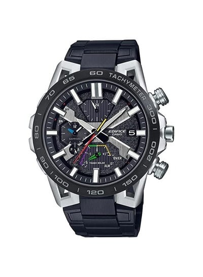 Casio Men Watch EDIFICE Chronograph SOSPENSIONE Edition Mobile link Solar Power Black Dial Stainless Steel Solid Band EQB-2000DC-1ADR, Black