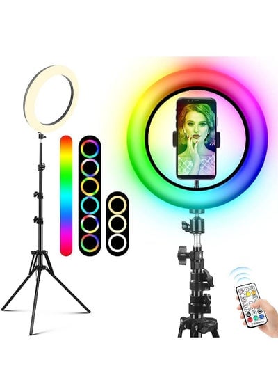 10 inch RGB Ring Light 360° Full Color 13 Dynamic RGB + 13 Static RGB + 3 Daily Colors Lights Selfie Ring Light with Adjustable Tripod Stand & Cell Phone Holder, for Shooting, Live Stream, Video