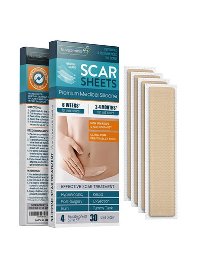 Silicone Scar Sheets - Dermatologically Tested in USA - As Surgical Cream, Gel, Tape, Strips, Patches - Keloid, C-Section, Tummy Tuck - Surgery Scars Removal Treatment - 4 Pack 5.7"x1.57"