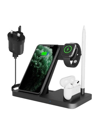4 in 1 Qi-Certified Wireless Charging Station with Adapter for Apple iPhone/Wireless Earbuds/Apple Watch/Apple Pen /Samsung Galaxy Phones