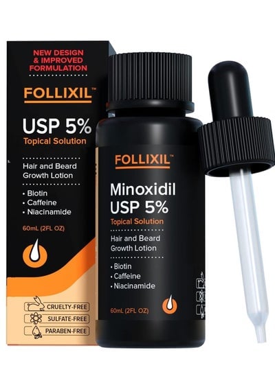 Follixil 5% Minoxidil Lotion with Biotin and Capilia Longa - 1 Month Supply - Hair and Beard Growth Serum Treatment for Stronger Thicker Longer Hair - Stop Thinning & Hair Loss for Men & Women