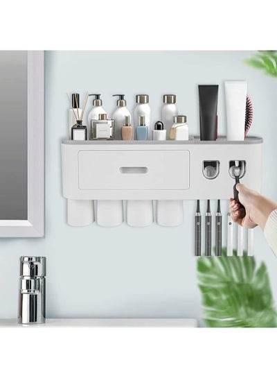 Toothbrush Holder Wall No Drilling Toothpaste Dispenser 2/4 Cups 6 Toothbrush Large Capacity Cosmetic Drawer Electric Toothbrush Holder Multi Toothbrush Organiser for Bathroom