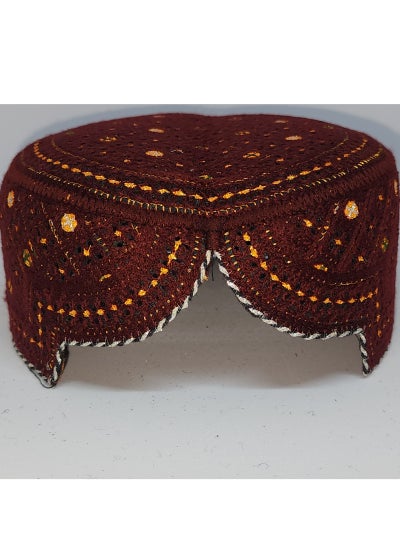 Traditional Sindhi Cap Topi Is Known As The Sindhi Kufi Handmade Woven Embroidery Use By Sindhis In Pakistan Essential Part Of Saraiki And Balochi Culture In Maroon With Silver And Gold